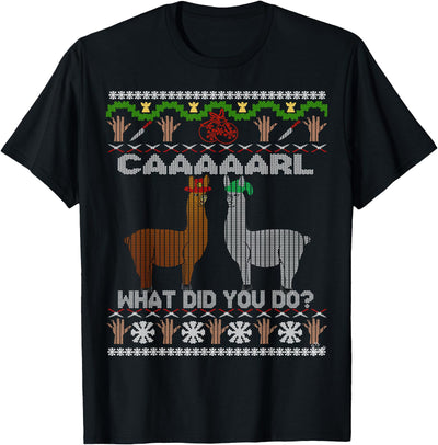 llama shirt collection by Jean Olivier funny llama with hats Christmas look carl what did you do T-Shirt