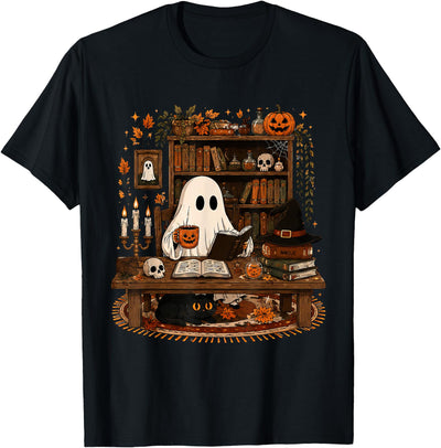 Retro Ghost Reading Funny Halloween Spooky Book Lover T-Shirt