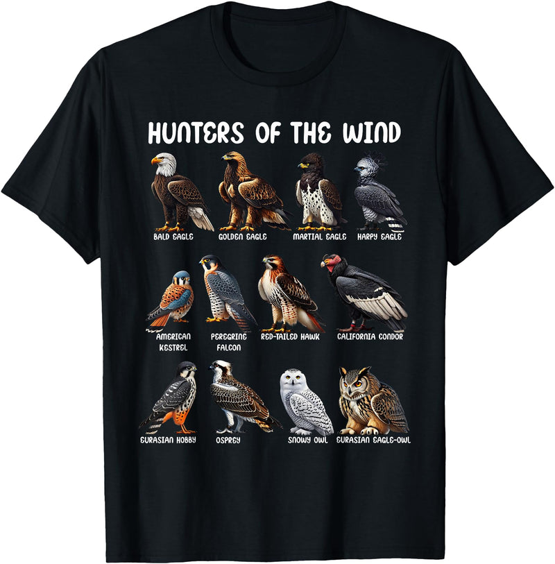 Bird Lover Hunters of the Wind Birds of Prey Falcon Owl Birding Raptors T-Shirt - Black
