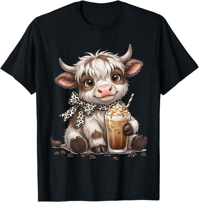 Highland Cow Drinking Iced Coffee Lover Funny Animal Meme T-Shirt