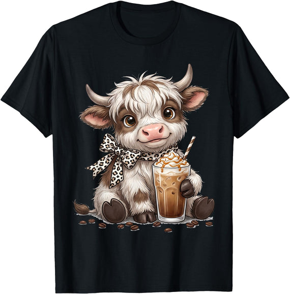 Funny Highlander Cow Drinking Coffee Lover Designs Highland Cow Drinking Iced Coffee Lover Funny Animal Meme T-Shirt - Black