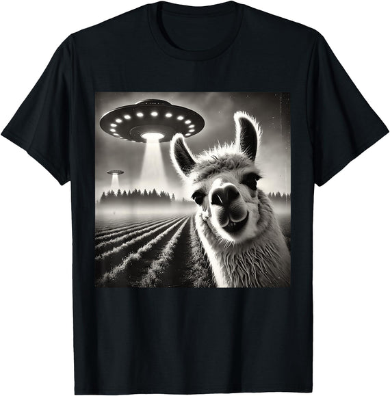 ÄLlamaAlpacaCo. Funny Llama Alpaca Selfie UFOs T-Shirt - Black