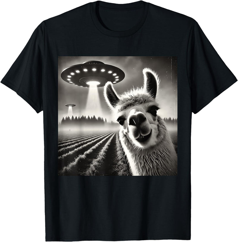 ÄLlamaAlpacaCo. Funny Llama Alpaca Selfie UFOs T-Shirt - Black