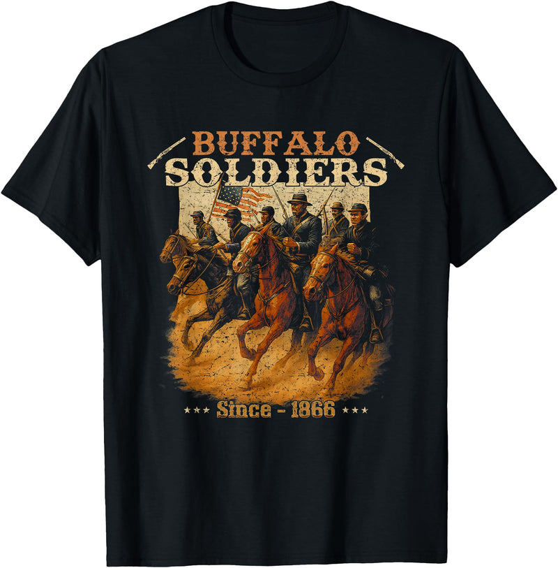 Buffalo Soldiers Vintage Military Graphic Tees Buffalo Soldiers African American Buffalo Black Culture T-Shirt - Black