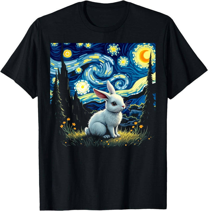 Rabbit Bunny Starry Night Van Gogh Graphic Art for Men Women T-Shirt in Black