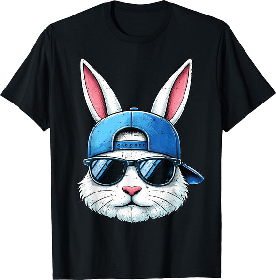 Cool Bunny Face with Sunglasses Cap Easter Kids Boys T-Shirt in Black