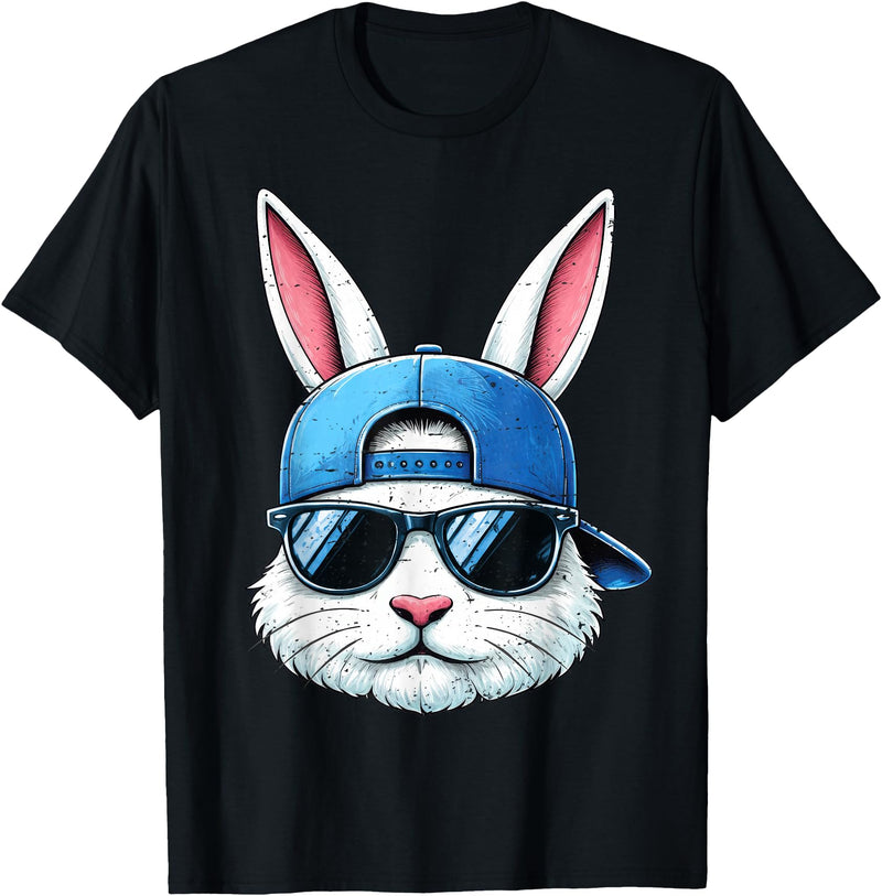 Cool Bunny Face with Sunglasses Cap Easter Kids Boys T-Shirt in Black