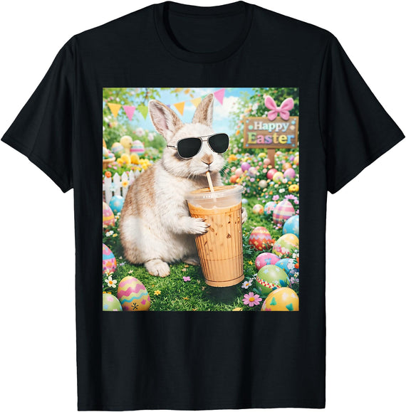 Rabbit Drinking Iced Coffee Funny Easter Bunny Men Women T-Shirt (Black) in Black