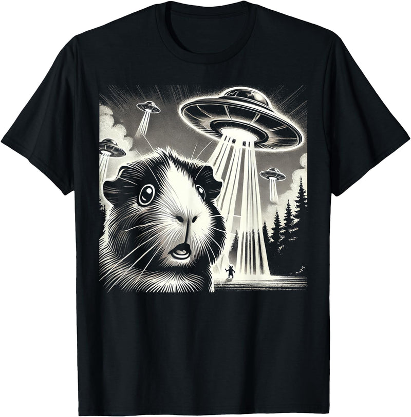 Guinea pig UFO BY TEERA Guinea pig UFO Funny Meme Selfie T-Shirt - Black