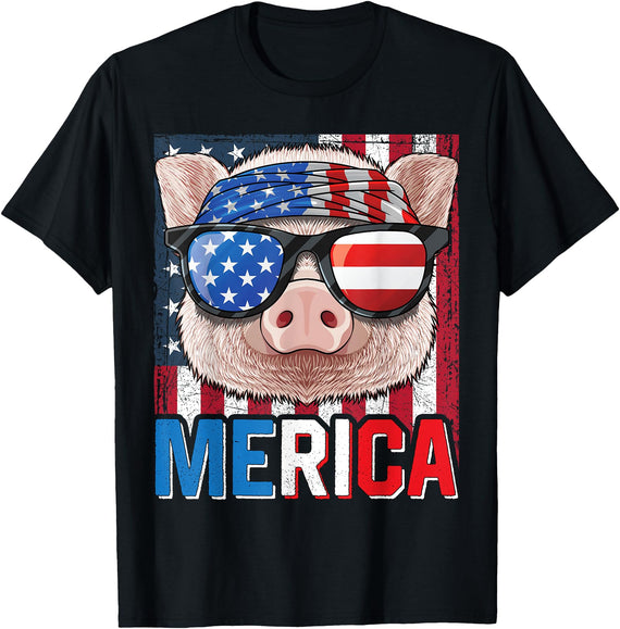 4th of July Animals Pig Merica 4th of July American Flag USA Farmer Swine Piggy T-Shirt - Black