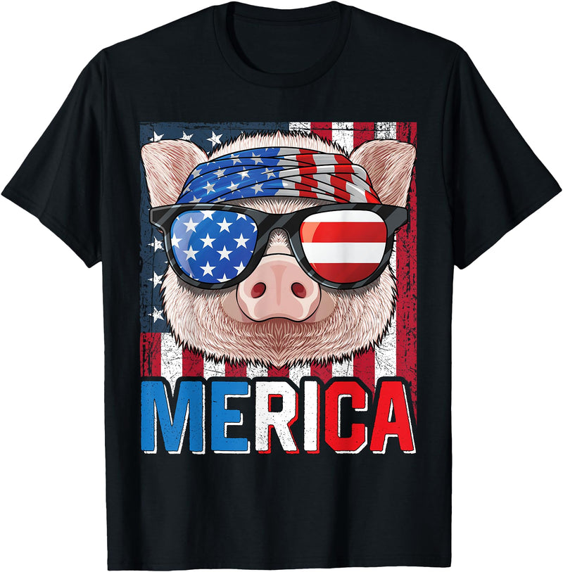 4th of July Animals Pig Merica 4th of July American Flag USA Farmer Swine Piggy T-Shirt - Black