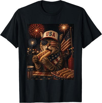 250 Years Party Hotdog Cat Patriotic America USA July 4th Patriotic Cat 250 Eating Hotdog 250 Years Cat Lover T-Shirt