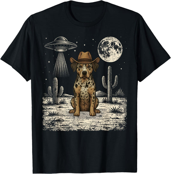 Retro Catahoula Leopard Dog Lover Halloween Moon Funny Catahoula Leopard Dog Cowboy Western UFO T-Shirt - Black