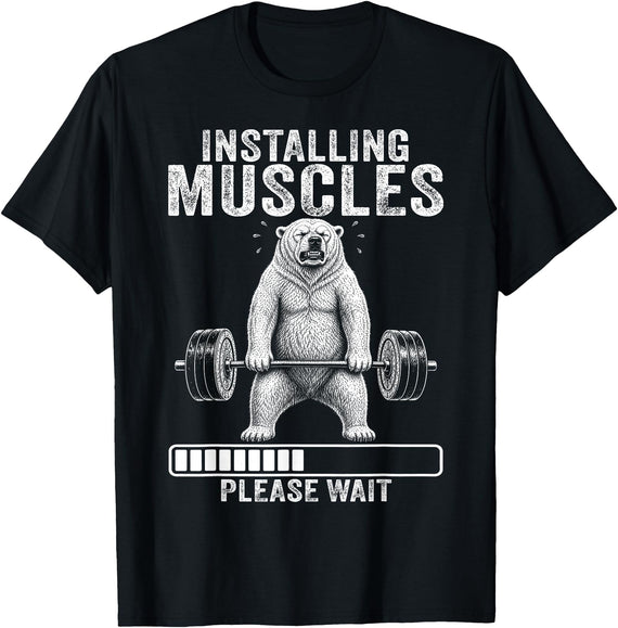 Funny Polar Bear Fitness Deadlift Workout Installing Muscles Please Wait Polar Bear Gym T-Shirt - Black
