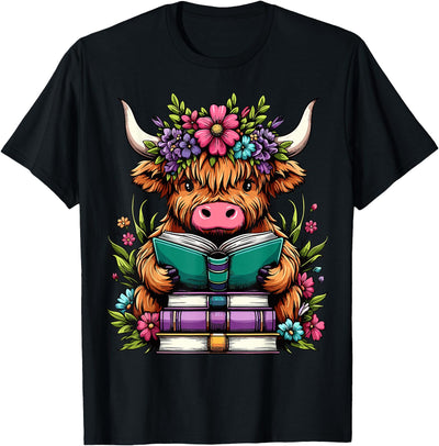Funny Highland Cow Lover Book Floral Bookworm T-Shirt