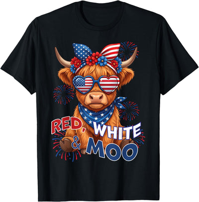 Red White Moo Patriotic Highland Cow 4th July and Moo 250 T-Shirt