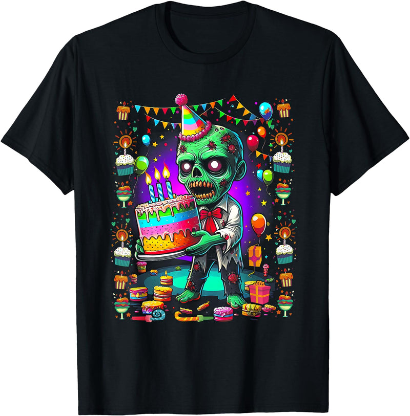 Zombie Holding Birthday Cake Halloween Birthday Horror Party T-Shirt - Black