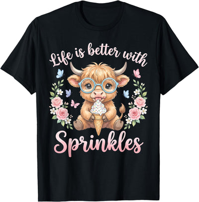 Life Is Better with Sprinkles Highland Cow Ice Cream Summer T-Shirt