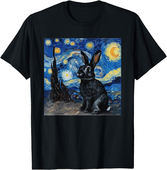 Bunny Rabbit Van Gogh Style Starry Night T-Shirt in Black