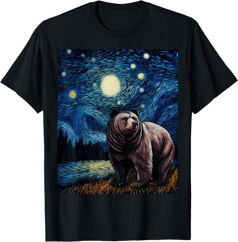 Starry Night Wildlife Graphic Grizzly Bear Van Gogh Starry Night Grizzlies Animal T-Shirt - Black