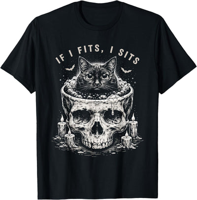 If It Fits I Sit Funny Cat Meme Black Cat Humor If It Fits I Sit Black Cat Skull Minimalist Meme Humor T-Shirt