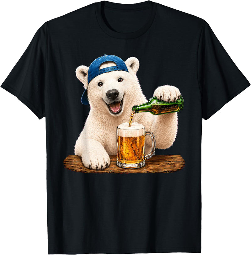 Funny Polar Bear Beer Happy Apparel Polar Bear Drinking Beer Funny Animal Meme Lovers Men Women T-Shirt - Black