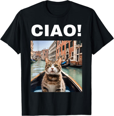 Italia Cats And Matching Italian Vacation Apparel Ciao Funny Gondolier Cat on a Venetian Gondola Venice Italy T-Shirt