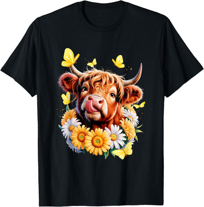Highland Cow Sunflower Daisies Butterflies Western Animal T-Shirt
