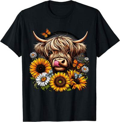 Highland Cow with Sunflowers and Butterflies T-Shirt