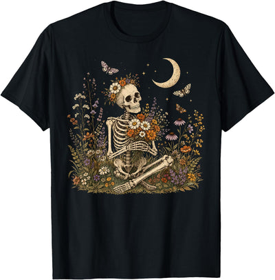 Skeleton Moon Butterfly Gothic Wildflower Garden Floral Skeleton Moon Wildflower Garden Cottagecore Halloween T-Shirt