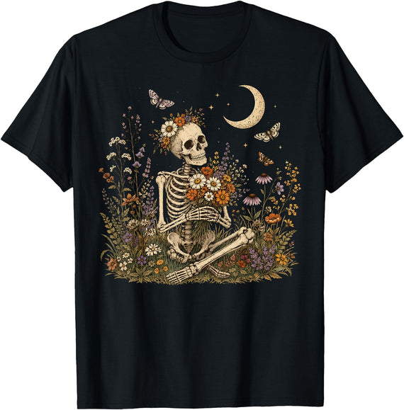 Skeleton Moon Butterfly Gothic Wildflower Garden Floral Skeleton Moon Wildflower Garden Cottagecore Halloween T-Shirt - Black
