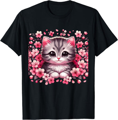 Magical Cat owner Gifts Cherry Blossom Cat Kitten T-Shirt, Small, Black
