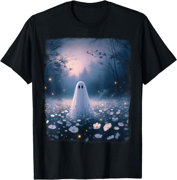 Gothic Spooky Retro Floral Ghost Halloween Spooky Vintage Floral Ghost In Forrest Gothic Halloween T-Shirt - Black