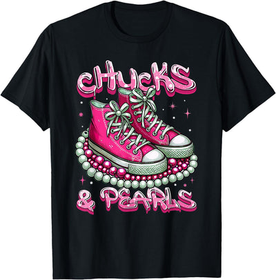 Trendy Threads For Her Pink Chucks and Pearls Women T-Shirt