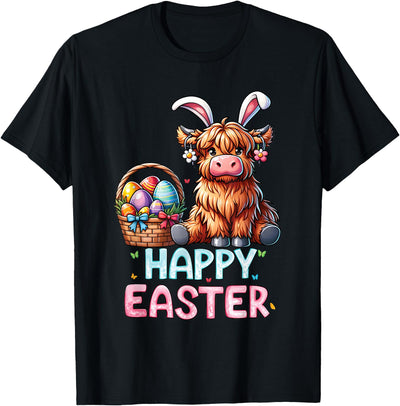 Happy Easter Day Highland Cow Holiday Bunny Women Kids T-Shirt