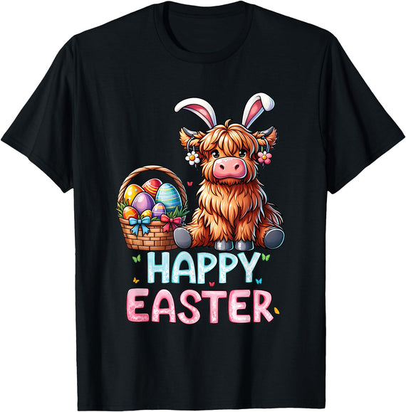 Farm Animal Highland Cow Easter Break Gifts Happy Easter Day Highland Cow Holiday Bunny Women Kids T-Shirt - Black