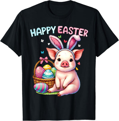 Happy Easter Farm Animal Pig Lovers Bunny Women Kids Girls T-Shirt