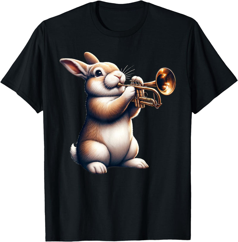 Cute Rabbit Bunny Playing Trumpet Rabbits Musician Music T-Shirt in Black
