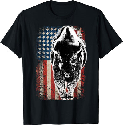 Cow Buffalo Usa Flag American Flag Bison Vintage Buffalo T-Shirt