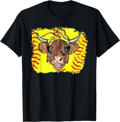 Softball Highland Cow with Bandana Glasses Happy Mother's T-Shirt