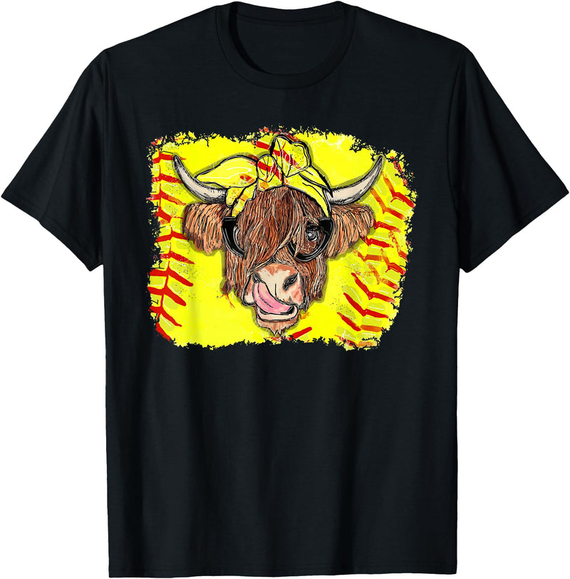 Softball Highland Cow With Bandana Glasses Happy Mother's T-Shirt - Black