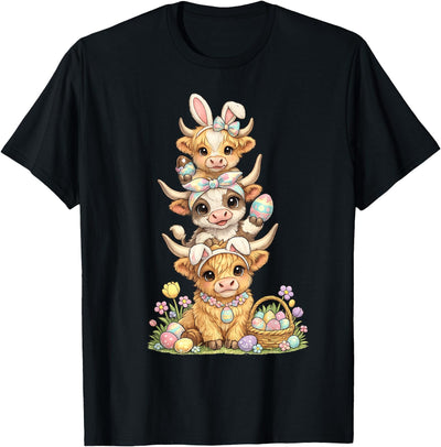 Western Easter Highland Cow Cute Bunny Cow Eggs Farmer Girls T-Shirt