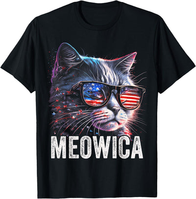 Meowica 4th of July Cat American Flag America USA Funny T-Shirt