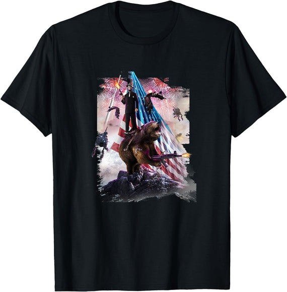 Random Galaxy Abe Lincoln Riding Bear American Patriotic Funny T-Shirt - Black