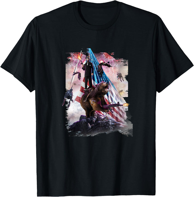 Random Galaxy Abe Lincoln Riding Bear American Patriotic Funny T-Shirt - Black