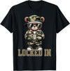 Boys & Mens Camouflage Teddy Bear Streetwear Gear Camo Hip Hop Teddy Bear Locked In Saying Hustle Money Grind T-Shirt - Black