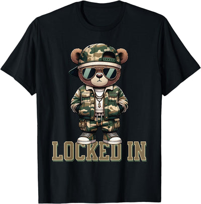 Camo Hip Hop Teddy Bear Locked In Saying Hustle Money Grind T-Shirt