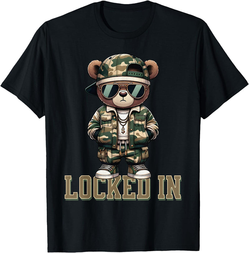 Boys & Mens Camouflage Teddy Bear Streetwear Gear Camo Hip Hop Teddy Bear Locked In Saying Hustle Money Grind T-Shirt - Black