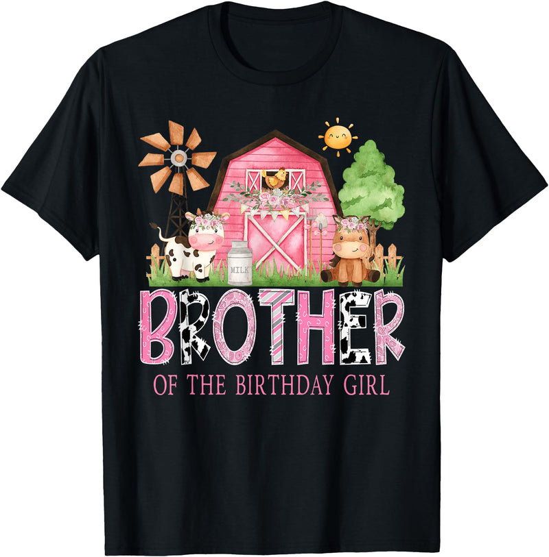 Farmer Pink Cow Birthday Girl Matching Brother of The Birthday Girl 1St Birthday Pink Cow Farm T-Shirt - Black