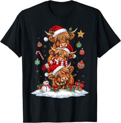 Highland Cow Christmas Winter Tree Farm Women Girl Funny T-Shirt